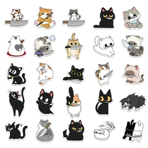 Close-up of cute cartoon cat stickers featuring various funny knife-wielding feline designs.