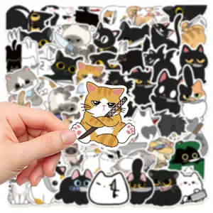 Cute cat stickers detail view, waterproof cartoon vinyl decals for laptop and water bottle.