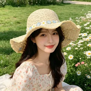 Charming women straw hat featuring delicate floral band detail, perfect for beach and summer.