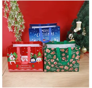 Christmas non-woven gift bags set, cute Santa snowman print tote bags for holiday party.