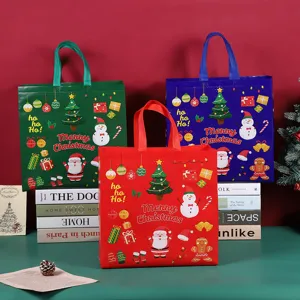 Non-woven Christmas gift tote bags with cute Santa snowman prints for holiday shopping party.