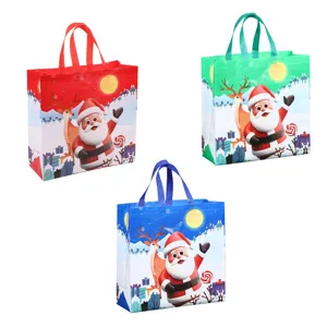 Christmas non-woven tote bags, reusable holiday shopping gift bags with Santa reindeer print.