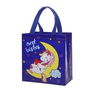 Cute unicorn cartoon non-woven gift bag with handle for shopping clothing and party packaging.