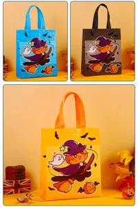 Halloween non-woven candy gift tote bag with cute cartoon pumpkin witch cat print details.