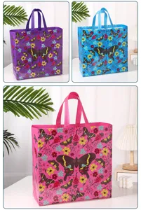 Non-woven laminated tote bag with colorful butterfly floral print, waterproof shopping gift bag.