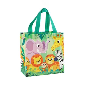 Green jungle animal non-woven shopping gift bag with cute safari lion and elephant print.