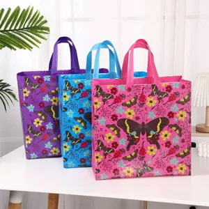Colorful non-woven laminated shopping bags with floral butterfly print, portable gift totes.