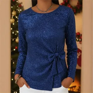 Haut à manches longues bleu scintillant pour femme avec joli nœud latéral, pull élégant.