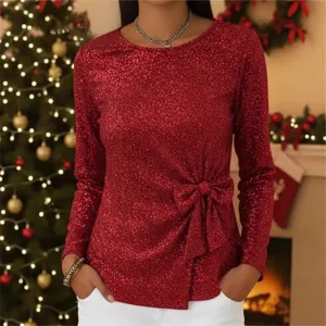 Haut à manches longues pailleté rouge femme avec élégant nœud sur le côté et col round chic.