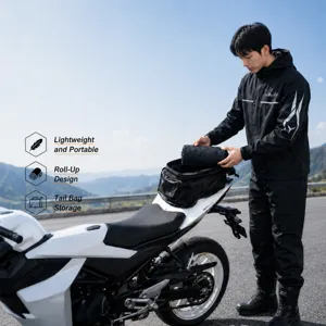 Waterproof motorcycle rain suit and pants set, lightweight portable gear for outdoor riding.