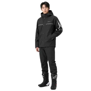 Men waterproof motorcycle rain jacket and pants set with reflective stripes and hood for riding.