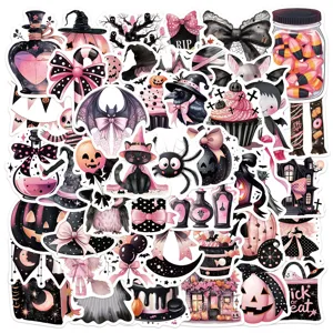 Jolis autocollants etanches d'Halloween noirs et roses pour la decoration de carnet.
