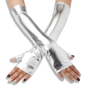 Shiny silver metallic long fingerless gloves for cosplay and Halloween party wear