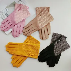 Women Winter Warm Gloves Touch Screen Faux Suede Striped Design Button Decor Fashion Daily Outdoor Cold Weather Gloves
