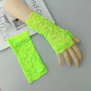 Neon green lace fingerless gloves hollow out stretch short gloves for party cosplay.