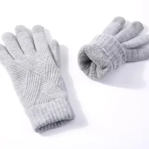Grey winter warm thick knit touch screen gloves for women and men, soft thermal lining.