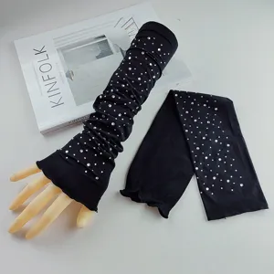 Detail view of black rhinestone ice silk sun protection arm sleeves with sparkling hot drill.
