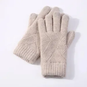 Close up view of cozy winter knit touchscreen gloves detail texture warm daily wear