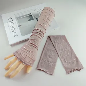 Rhinestone sun protection ice silk sleeves, long fingerless UV cooling arm covers for summer.