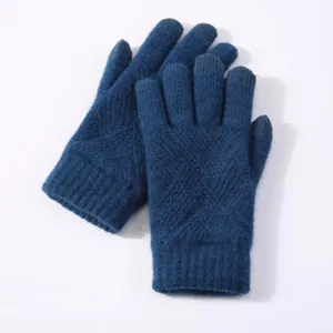 Blue winter knitted gloves for women and men, warm thick touchscreen knit gloves for cold weather.