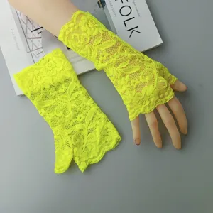 Neon yellow lace fingerless gloves, hollow out short sun protection sleeves for women.
