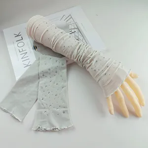 Summer rhinestone mesh sun protection sleeves ice silk long gloves for women UV protection.