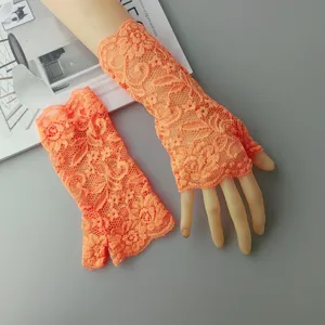 Fluorescent orange lace fingerless gloves stylish hollow arm sleeves for party cosplay