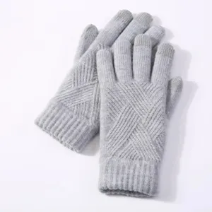 Grey touchscreen knitted gloves for autumn and winter, warm double-layer cold-proof thermal gear.