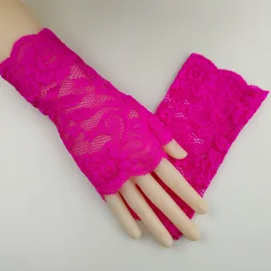 Hot pink lace fingerless gloves, hollow out stretchy short arm sleeves for party, cosplay, and daily wear.