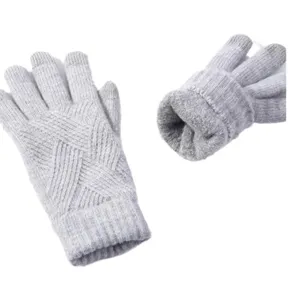 Winter touchscreen knitted gloves, light grey, double fleece lined warm thermal gloves.