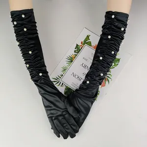 Gants longs en satin noir avec perles, gants de soirée plissés élégants pour fête et opéra.