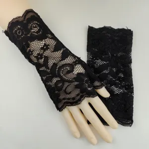 Black lace fingerless gloves detail, short hollow out lace sleeve for stylish party wear.