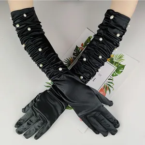 Gants Longs en Satin Gants d'Opéra Plissés avec Ornement de Perles pour Femmes Fête de Cosplay d'Halloween Mariage Soirée Gants
