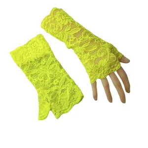Neon yellow lace fingerless gloves, hollow elastic sun protection sleeves for party show.