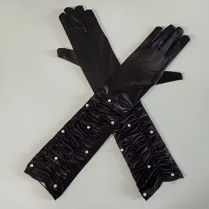 Gants longs en satin noir ornés de perles élégants accessoires de fête de soirée costumée