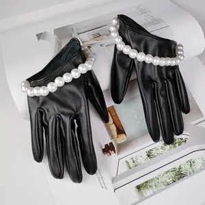 Black faux leather short gloves featuring elegant white pearl wrist trim for women daily wear.