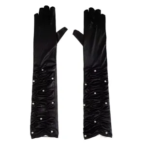 Gants longs noirs en satin avec perles et volants élégants pour fête et soirée habillée.