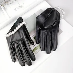 Black faux leather short gloves with pearl cuff design for women party cosplay 17cm