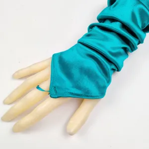 Teal satin fingerless long gloves detail showing the elegant hooked ring design and smooth fabric texture.