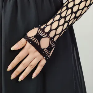 Black fishnet rhinestone long fingerless gloves rave festival party costume accessories.