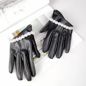 Black short faux leather gloves with elegant pearl trim for women, cosplay party wear.