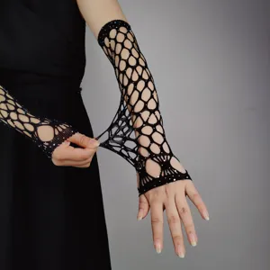 Black rhinestone fishnet long fingerless gloves party festival nightclub arm warmers