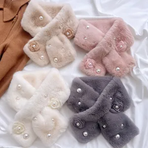 Faux Rabbit Fur Scarf Women Winter Thickened Warm Plush Neck Warmer With Camellia And Pearl Decoration