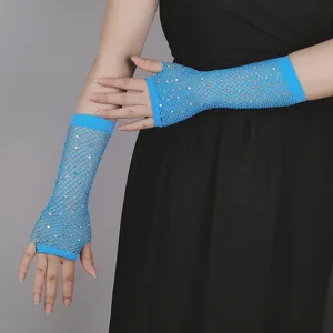 Blue fishnet fingerless rhinestone gloves, sparkling mesh party rave hand accessories detail.