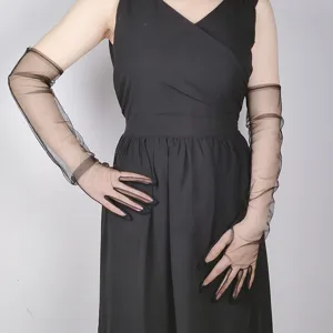 Long sheer black mesh gloves detail view, transparent bridal wedding dress accessories.