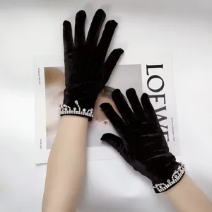 Women Velvet Gloves Rhinestone Tassel Elegant Warm Winter Gloves Fashion Party Performance Gloves Black Red