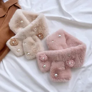 Plush winter scarf set featuring artificial pearls and camellia flower decoration, soft and warm.