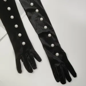 Gants longs en velours pour femmes avec decoration de perles elegantes gants de soiree noirs