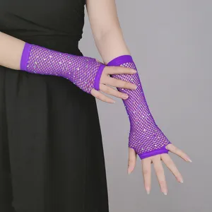 Purple rhinestone fishnet fingerless gloves detail shot, perfect for festival and party wear.