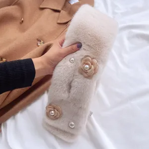 Chic faux fur winter scarf for women, warm plush neck warmer with pearls and camellia flowers.